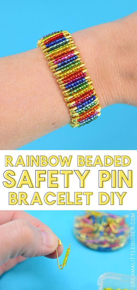 Can you believe this colorful #DIY bracelet is made out of safety pins? No jewelry making tools needed to make this fabulous #rainbow beaded safety pin bracelet! Don't you just love rainbow #crafts? Jewelry Making For Kids, Safety Pin Bracelet Diy, Jewelry Making Kids, Safety Pin Bracelet, Safety Pin Crafts, Safety Pin Jewelry, Diy Rainbow, Jewerly Making, Jewelry Making Tools