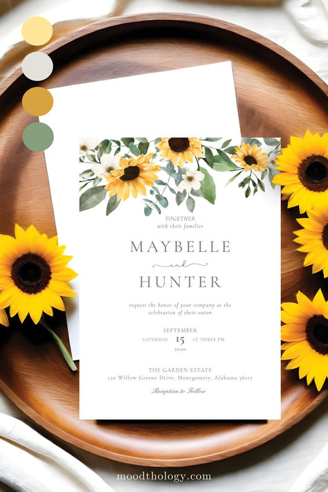 Celebrate your special country style wedding with our elegant country style sunflower wedding invitation design. Our design features our hand-painted watercolor golden yellow sunflowers, white cream florals, and natural greenery arranged to create this elegant country-style arrangement. Invitations details are beautifully designed to create this simple yet elegant country style wedding invitation. All flowers are hand-painted by Moodthology Papery. Wedding Invitation Sunflower, Subtle Sunflower Wedding, Sunflower Wedding Invites, Country Style Wedding Invitations, Watercolor Sunflowers, Wildflower Wedding Invitations, Sunflower Wedding Invitations, Yellow Watercolor, Country Style Wedding