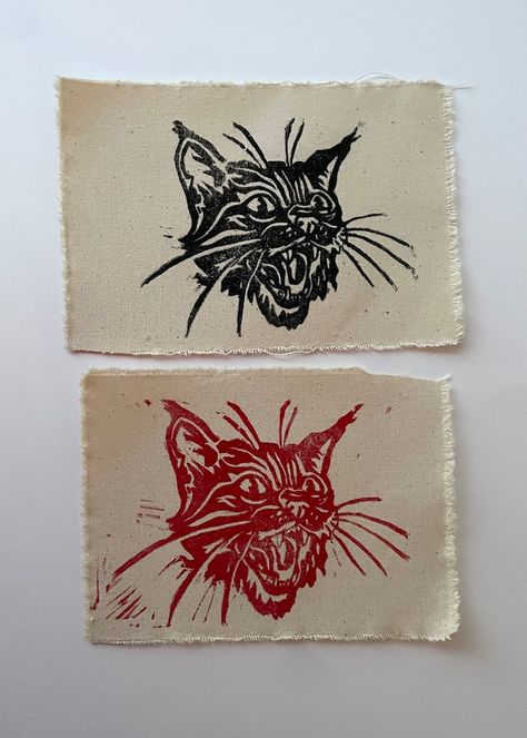 ArtBeanUS - Etsy Cat Block Print, Print Making Designs, Arte Grunge, Lino Art, Posca Art, Linocut Art, Printmaking Art, Printed Canvas, Block Printing