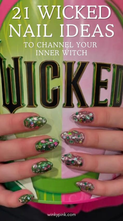 Get ready to defy gravity with Wicked Nail Ideas inspired by the magical world of Wicked! Whether you’re enchanted by Elphaba’s emerald glow, Glinda’s sparkling charm, or the whimsical world of Oz, these nail ideas are perfect for showcasing your love for this iconic story. From bold green tones and glittering accents to spellbinding patterns and character-inspired art, these designs are as magical as the film itself. Whether you’re heading to the movie or simply want to channel your inner witch. Pop culture nails. Wicked Nails. Wicked Nail inspo Wicked Inspired Nails, Elphaba Nails, Wicked Nails, Split Nails, Inner Witch, Nail Art Photos, Confetti Nails, Velvet Nails, Beauty Youtubers