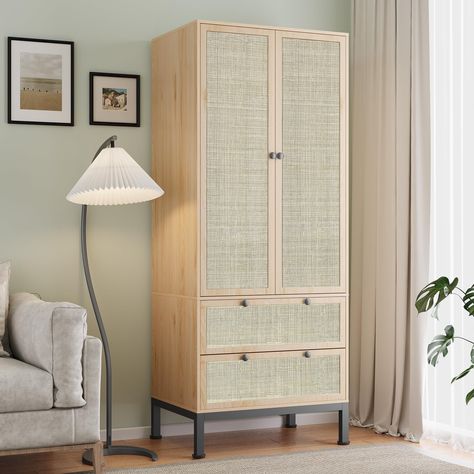 PRICES MAY VARY. Crafted from hand-woven natural rattan, our rattan armoire storage cabinet boasts timeless elegance to complement any interior decor. Our armoire wardrobe closet is designed with ample space and two adjustable deep shelves and two drawers, each capable of holding up to 50 lbs, providing maximum storage capacity for your items. Versatile and practical, this multi-functional closet armoire wardrobe cabinet can store a variety of household items including clothes, books, towels, an Rattan Armoire, Tall Armoire, Closet With Doors, Armoire Closet, Wooden Armoire, Wardrobe Storage Cabinet, Armoire Wardrobe Closet, Armoire Storage, Vintage Armoire