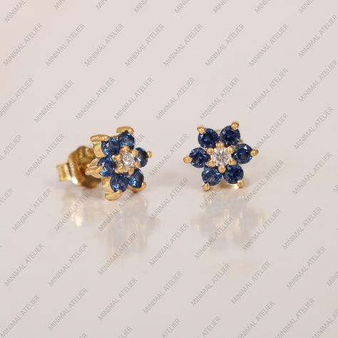 Daisy Studs, Blue Sapphire Gemstone, Gemstone Stud Earrings, Eco Friendly Jewelry, Be Natural, Gemstone Studs, Gold Earring, Sapphire Earrings, Yellow Gold Earring