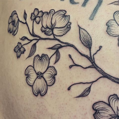 American Dogwood Tattoo, Dogwood Tattoo Design, Pacific Dogwood Tattoo, Dogwood Tree Tattoo, Dogwood Flower Tattoo, Dogwood Tattoo, Dogwood Flower Tattoos, Wood Tattoo, Branch Tattoo