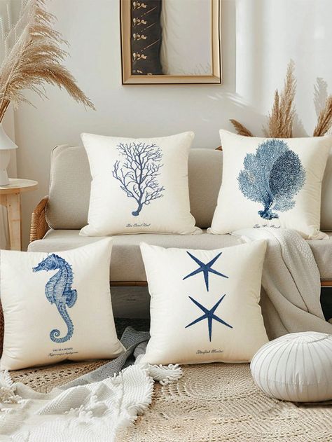 Set Of 4 Ocean Beach Decorative Pillow Covers, Summer Blue Nautical Decorative Throw Pillow Cases Sea Theme Coastal Cushion Cover Blue    Polyester Graphic,Letter   All Seasons Decorative Pillows, Inserts, & Covers, size features are:Bust: ,Length: ,Sleeve Length: Mediterranean Style Bedroom, Beach Throw Pillows, Ocean Decor, Cotton Throw Pillow, Throw Pillow Sets, Square Pillow Cover, Throw Pillow Cases, Outdoor Throw Pillows, Nautical Decor