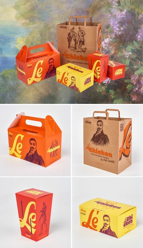 LeChicken: The real pollos asados by Pollo Castillo. Check out the full project on our website. Fried Chicken Box Packaging Design, Company Gifts Business, Chicken Packaging, Chicken Delivery, Fast Food Packaging, Restaurant Packaging, Nando's Chicken, Chicken Brands, Chicken Boxes