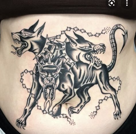 American Traditional Cerberus Tattoo, Cerberus Tattoo Traditional, 2 Headed Animals Tattoo, 3 Headed Dog Tattoo, Three Headed Dog Tattoo, Cerberus Tattoo Design, Cerebus Dog Tattoo, Traditional Dog Tattoo, Hellhound Tattoo