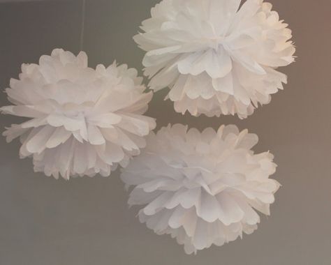 10 Tissue Paper Pom Poms Plus 3  Flowers  ANY by TeroDesigns, $35.00 Wedding Pom Poms, Festive Party Decorations, White Tissue Paper, Tropical Bridal Showers, Barn Wedding Decorations, Tissue Paper Pom Poms, Paper Pom Poms, Pom Poms, Bridal Shower Invitations