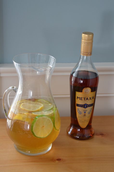 White wine and Metaxa sangria! Greek Drinks, Greek Dinner Party, Greek Feast, Greek Night, White Sangria Recipe, Apricot Nectar, Greek Menu, Greek Dinner, Sangria Ingredients