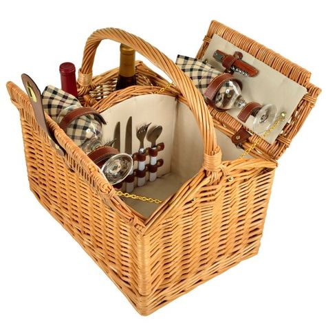 Hand crafted and fully lined willow picnic basket for 2 with unique built in 2 bottle carrier. Includes a premium picnic set for two with ceramic plates, matching cotton napkins, glass wine glasses, stainless steel flatware and corkscrew. Top carry handle and faux leather accents. Lifetime warranty. Picknick Basket, Vineyard Picnic, Luxury Picnic Basket, Wine Picnic Basket, Picnic Basket Set, Wine Picnic, Picnic Essentials, Picnic Baskets, Romantic Picnics