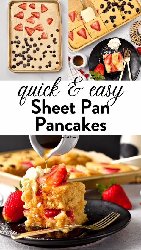 These Sheet Pan Pancakes are the most easy family breakfast for the holidays. Serve pancakes for the whole family in one go with this one bowl pancake recipe baked in a sheet pan.  Plus this recipe has dairy-free and egg-free option to so you can adapt the recipe to be allergy friendly. Vegan Sheet Pan Pancakes, Easy Family Breakfast, Vegan Sheet Pan, Applesauce Pancakes, Egg Free Pancakes, Sheet Pan Pancakes, Pan Pancakes, Dairy Free Pancakes, Dairy Free Baking