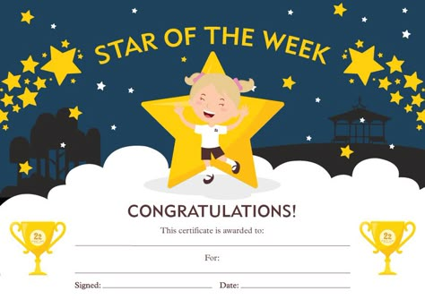 Star Of The Week Certificate, School Certificate Design, Classroom Certificates, Classroom Awards Certificates, School Award Certificates, Preschool Certificates, Certificate Layout, Student Certificates, Student Of The Week