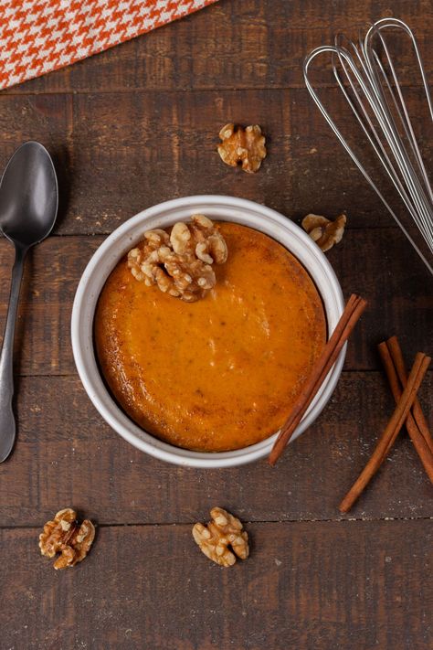 Pumpkin Custard Breakfast, Thm Pumpkin Recipes, High Protein Pumpkin Recipes, Breakfast Pumpkin Custard, Pumpkin Protein Recipes, Clean Pumpkin Recipes, Protein Custard, Postpartum Snacks, Chef Breakfast