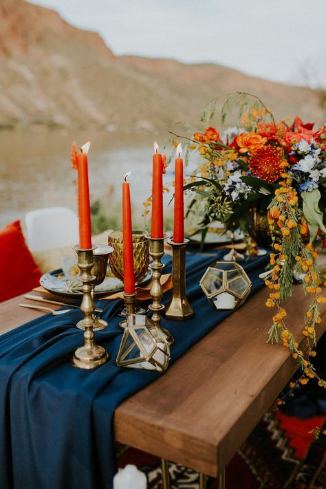 Tablescape Tablescape Wedding, Autumn Bridal, Wedding Dresses Videos, Orange Details, Beach Wedding Reception, Blue Table Runner, Bohemian Wedding Inspiration, Unique Wedding Flowers, Wedding Party Ideas