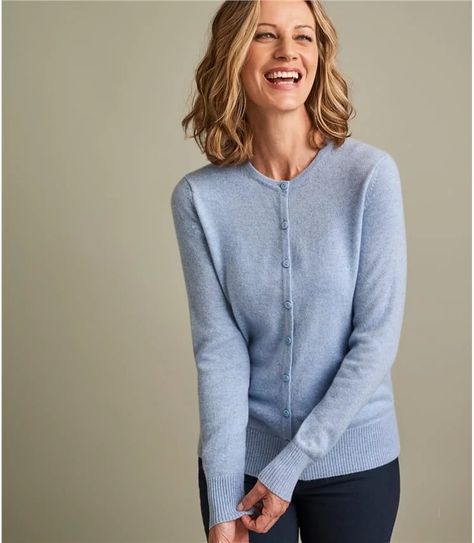 Pale Blue Marl | Womens Luxurious Pure Cashmere Crew Neck Cardigan | WoolOvers UK Cashmere Cardigan Outfit, Best Cardigans, Crew Neck Cardigan, Warm Cardigan, Cashmere Yarn, Cashmere Jumper, Womens Cashmere, Cardigan Outfits, Cashmere Cardigan