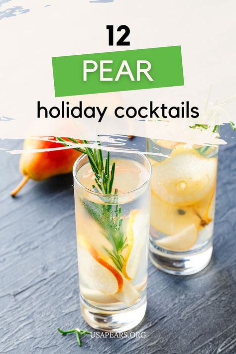 Check out these 12 pear holiday cocktails, perfect for those upcoming holiday party drinks. Whether muddled, juiced, mixed, pureed, shaken or stirred, pears present countless possibilities as a cocktail ingredient. Because it’s the holiday season as well as pear season, we figure there’s no better time to highlight some of our favorite pear cocktail recipes. You'll find unique cocktail recipes including pear moscow mules, pear manhattans, and a pear margarita. Try these fun cocktails today! Pear Cocktail Recipes, Recipe Using Pears, Pear Gin, Pear Cocktail, Pear Margarita, Holiday Party Drinks, Unique Cocktail Recipes, Pear Cocktails, Moscow Mules