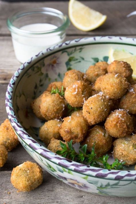 Fried Olives with a lemony garlic aioli @The View from Great Island Appertiser Ideas For Christmas, Fried Olives Pioneer Woman, Pioneer Woman Fried Olives, Olive Balls Appetizers, Fried Olives Air Fryer, Deep Fried Olives, Hot Olives Appetizer, Fried Green Olives, Recipes Using Olives