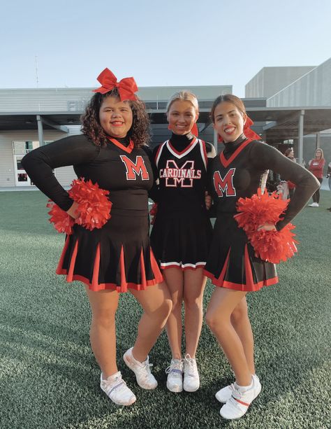 Red Cheer Uniforms, Red And White Cheer Uniforms, Orange And Black Cheer Uniforms, Gryffindor Cheer Uniform, Orange Cheerleader Uniform, Red Cheerleader Uniform, Black Cheerleaders, Cheers Photo, Cheerleading Uniforms