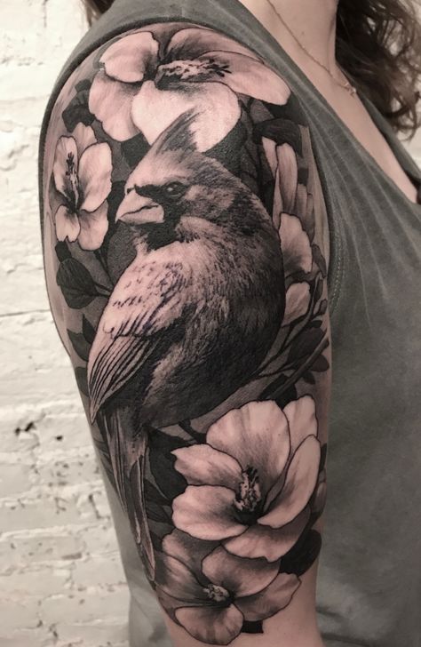 #tattoo #cardinals #birdtattoo  #blackandgrey #flowertattoos #hibiscus #tattooideas #tattoossleeve Red Cardinal Tattoos, Bird Tattoo Sleeves, Grandma Tattoos, Cardinal Tattoo, Cardinal Tattoos, Tattoo Bird, Hibiscus Tattoo, Back Of Shoulder Tattoo