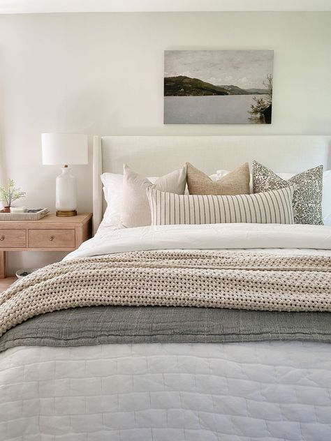 Tilly Upholstered Low Profile … curated on LTK Pillows For Gray Bedding, Bedding For Fabric Headboard, White Master Bedding Ideas, Neutral Bedding Ideas Modern, Pillow Combos Master Bedrooms, Decrotive Pillows On Bed, White Bedding Throw Pillow Ideas, White Bedding With Accent Pillows, Neutral Bed Pillows