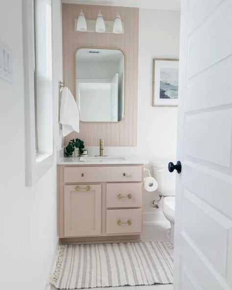 90s Bathroom Makeover, Guest Bedroom Bathroom, Pink Bathroom Vanity, Blooming Nest, Beadboard Bathroom, Beadboard Paneling, New Paint Colors, Bathroom Paint, Bathroom Paint Colors