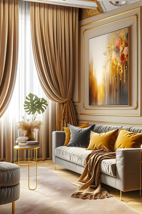 Gold Curtains Living Room Ideas, Curtains Yellow Walls, Soft White Walls, Long Curtains Living Room, Gold Curtains Living Room, Velvet Curtains Living Room, Curtains For Grey Walls, Lounge Curtains, Gold Painted Walls