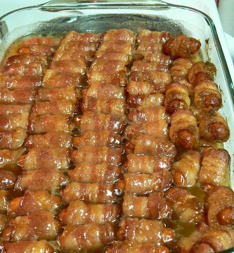 BACON WRAPPED SMOKIES WITH BROWN SUGAR AND BUTTER - Delish Grandma's Recipes Wrapped Smokies, Smokies Recipe, Bacon Wrapped Smokies, Little Smokies, Brown Sugar Bacon, Bacon Appetizers, Stick Butter, Snack Dip, Butter Recipe