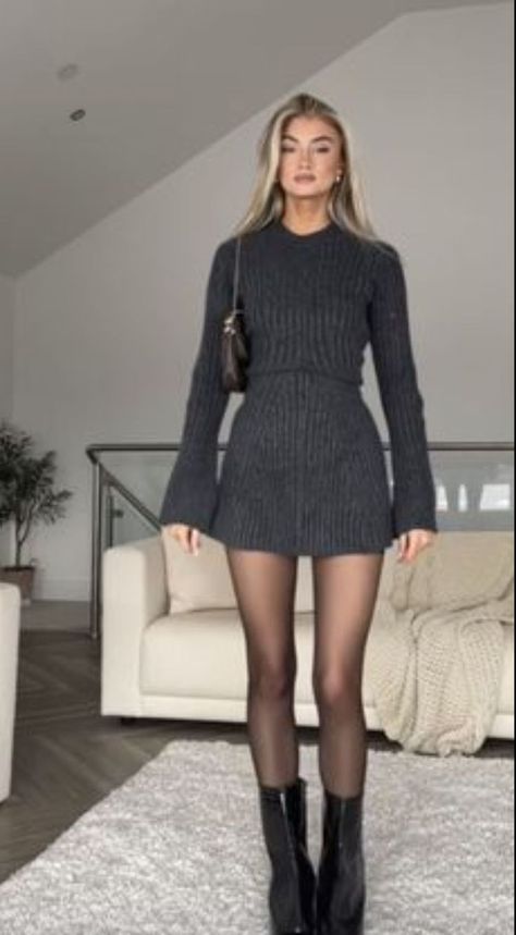 Fancy Nyc Outfit, Boots Outfit Fall 2024, Autumn Outfits Women 2024, Dark Autumn Style Outfit, Fall Business Casual Dresses, Winter Ootd 2023, Edgy Preppy Style, Winter Date Night Outfit Cold Dressy, Dressy Winter Outfits Dresses