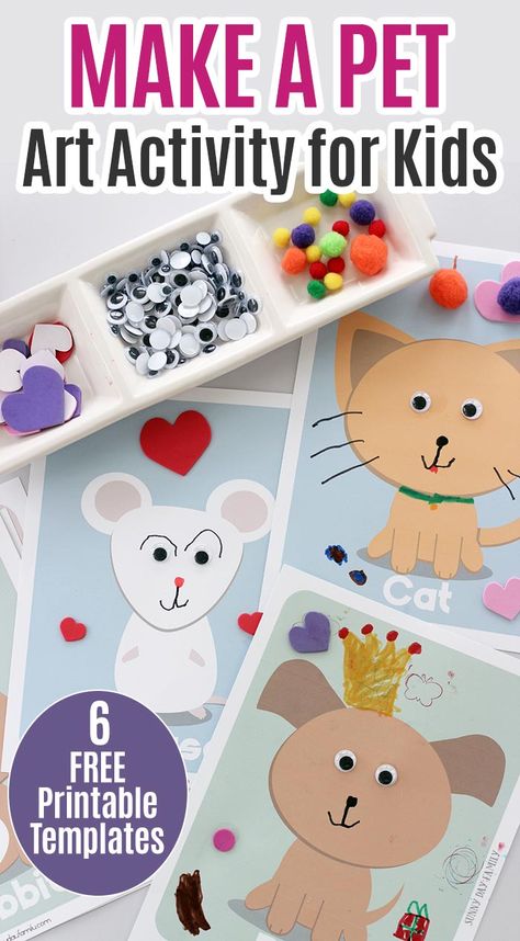 Create your own pets with this fun art activity for kids! Includes 6 free printable templates to make a dog, cat, rabbit, mouse, lizard, and bird. Kids will love this fun pet craft project - it's perfect for a pets preschool theme or be kind to animals week! #kidsactivities #freeprintables #kidscraft #preschool #pettheme Easy Pet Crafts For Preschool, Pets Crafts Preschool, Ecfe Ideas, Pets Craft, Cat Crafts Preschool, Bird Crafts Preschool, Pet Study, Pet Craft, Pet Crafts