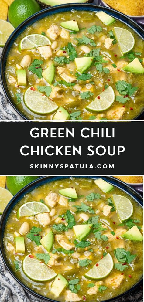 Green Chili Chicken Soup – Skinny Spatula What To Make With Green Chili, Green Chili Chicken Rice Soup, Green Enchilada Chicken Soup Dairy Free, Chicken Green Chili Soup Crock Pots, Green Chili Soup Crockpot, Green Salsa Soup, Chili Verde Soup Crockpot, Verde Enchilada Soup, Green Chili Chicken Noodle Soup