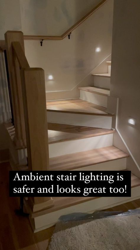 Built-in stair lighting makes navigating the stairs at night safer and the low-lighting is just lovely! #constructabilityhomes #tnhomes… | Instagram Victorian Staircase Lighting, Basement Stairs Lighting Ideas, Stair Landing Design Ideas, Basement Stair Lights, Lighting For Staircase, Stair Landing Lighting, Basement Stairs With Landing, Basement Stairway Lighting, Basement Stair Lighting Ideas