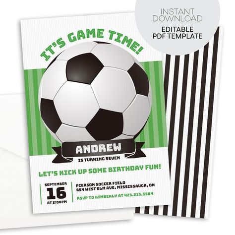 Soccer Invitation Printable Instant Download File / Soccer Birthday Invitation Editable / Football Invitation Digital Download Soccer Party Soccer Birthday Invitation, Soccer Birthday Party, Football Party Invitations, Football Invitations, Easy Party Favor, Soccer Birthday Parties, Soccer Theme, Kids Homemade, Homemade Birthday