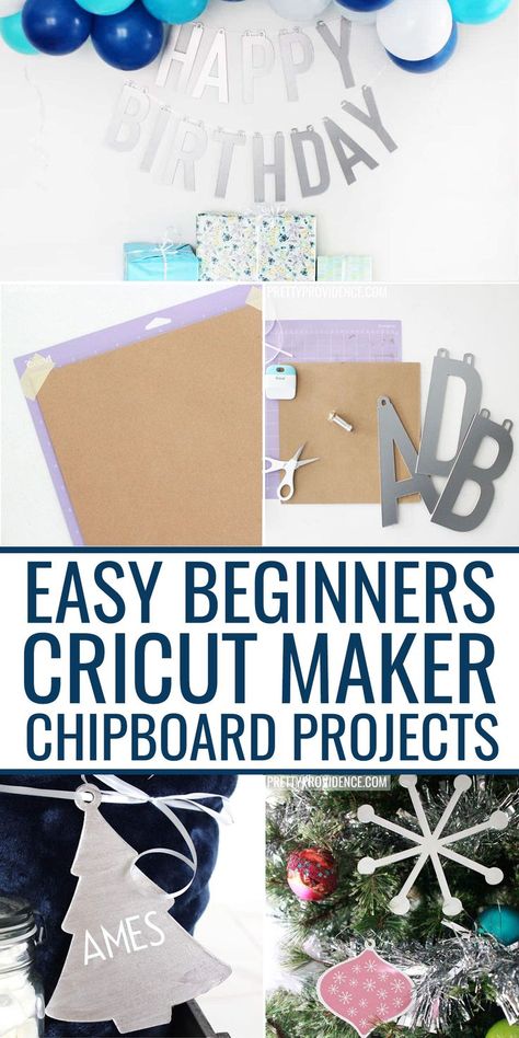 #ad If you haven't tried Cricut chipboard with the knife blade, try one of these simple projects for beginners! Make a banner or a Christmas ornament you can use again and again! #cricutcreated #cricutmaker #knifeblade #cricutknifeblade #chipboard #cricutchipboardideas Chipboard Christmas Crafts, Home Decor Made With Cricut, Heavy Chipboard Cricut Projects, Kraft Board Projects Cricut, Cricut Chipboard Projects Ideas, Chipboard Cricut Projects, Cricut Chipboard Projects, Cricut Engraving Projects, Cricut Banners