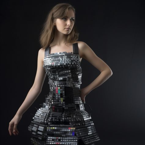 A model showcasing the Keyboard Dress, a distinctive and innovative outfit made from repurposed computer keyboard keys, emphasizing the fusion of technology and fashion in a stylish, environmentally conscious design Tech Inspired Fashion, Technology Inspired Fashion, Wearable Technology Fashion, Computer Fashion, High Tech Fashion, Tech Outfit, Futurism Fashion, Sci Fi Clothing, Crazy Dresses