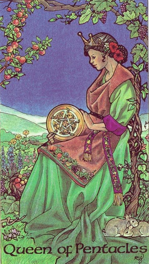 Queen of Pentacles from the Robin Wood Tarot Queen Of Pentacles Tarot Card, The Queen Of Pentacles, Queen Of Pentacles, Animal Tarot, Pentacles Tarot, Divination Cards, Tarot Tips, Oracle Tarot, Pentacles