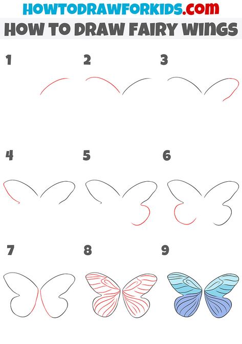 How To Draw Fairy Wings Step By Step, How To Draw Butterfly Wings, How To Draw Fairy Wings, Fairy Doodles Easy, Draw Fairy, Fairy House Drawing, Fairy Wings Drawing, Christmas Drawings For Kids, Easy Fish Drawing