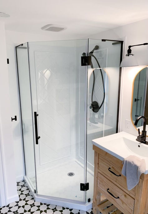 Maximize your bathroom layout with the stunning DreamLine Prism Plus Shower Enclosure, perfect for your small bathroom space! The Prism Plus frameless neo-angle shower enclosure with a contemporary style sure to be a perfect match to any bathroom space. Self-closing hinges deliver additional convenience and comfort. Shop DreamLine shower doors today at The Home Depot, Lowe's, Wayfair and many other fine retailers. Neo Angle Shower Small Bathroom, Neo Angle Shower Ideas, Corner Shower Tile, Neo Angle Shower Enclosures, Dreamline Shower, Neo Angle Shower, Tv Wall Decor Ideas, Glass Shower Doors Frameless, Standing Shower