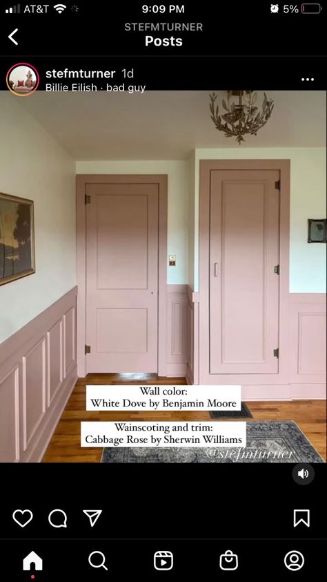 Pale Pink Wainscoting, Blush Pink Wainscotting, Light Pink Wainscoting, White Wall Pink Trim, Closet Room Paint Colors, Blush Wainscoting, Dusty Pink Cabinets, Sw Rose Colored Paint, Pink Chair Rail Nursery