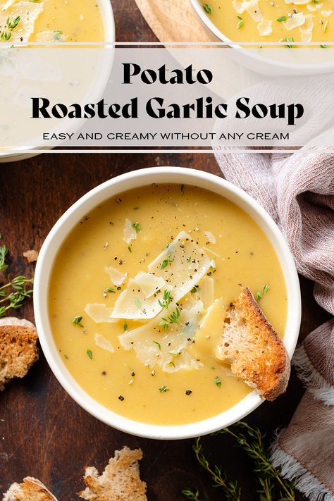 This Potato Garlic Soup is made with roasted garlic and potatoes make it extra creamy without any dairy. You can serve it on its own for lunch or light dinner or as a starter. The soup is freezer-friendly and so easy to make! Light Soups, Garlic Soup, Creamy Potato, Soup And Stew, The Soup, Light Dinner, Creamy Soup, Freezer Friendly, Healthy Soup