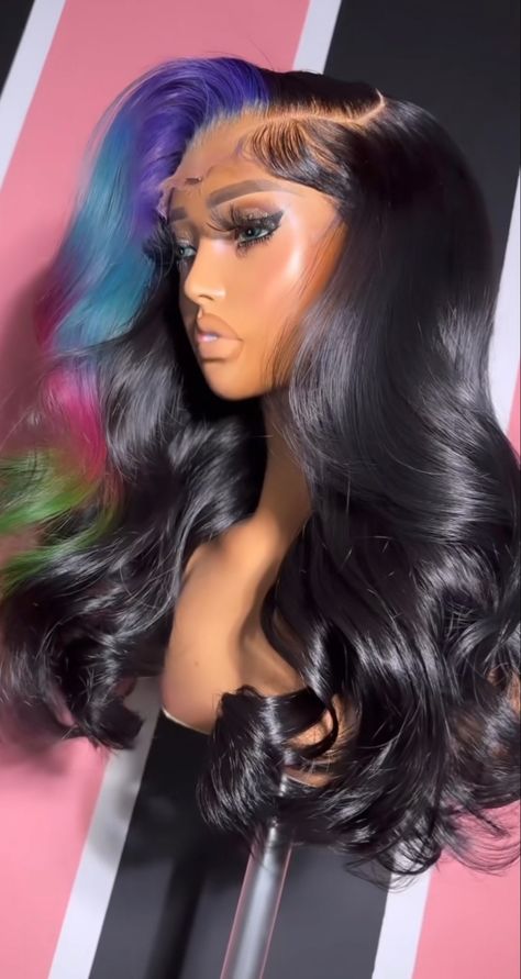 Black Wig With Color, Colored Hair For Black Women, Trendy Hairstyles For Black Women, Color Bob Wig, Color Wigs, Purple Weave, Frontal Wig Hairstyles, Creative Hair Color, Dyed Hair Inspiration