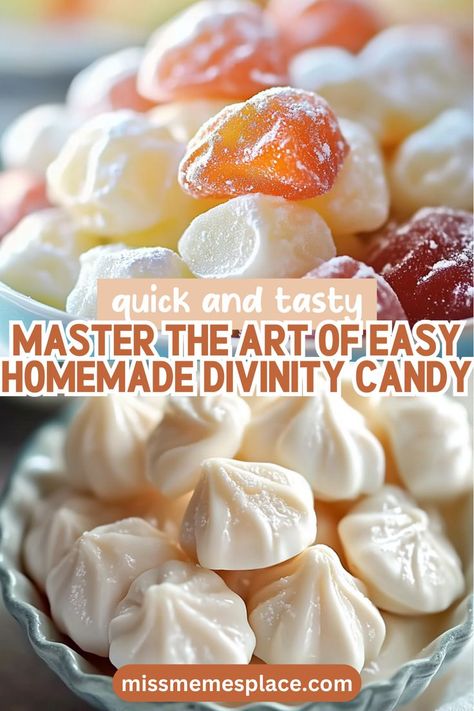 Unleash your inner candy maker with this Easy Homemade Divinity Candy recipe! This classic treat is light, fluffy, and absolutely irresistible. With just a handful of ingredients, you'll create a candy that delights both the eyes and the taste buds. Explore the fascinating history of divinity candy as you learn to whip up this timeless favorite. Perfect for gifting or sharing at gatherings, this recipe is sure to become a cherished addition to your dessert repertoire! Sees Candy Rum Nougat Recipe, Christmas Candy For Diabetics, 3 Ingredient Candy Recipes, See's Candy Copycat Recipes, Ribbon Candy Recipe, Candy Melts How To Use, Christmas Candy Recipes Easy, Easy Candy Recipes 3 Ingredients Simple, Hard Candy Recipes Easy