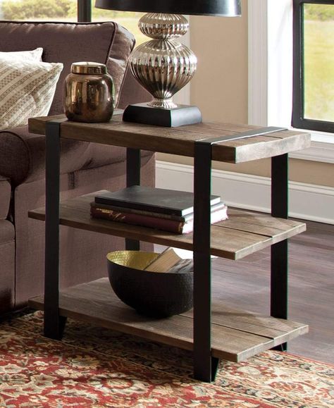 Modesto Metal Strap and Reclaimed Wood End Table with Shelf Rustic End Tables, Reclaimed Wood Table, Wood End Table, Western Furniture, Sofa End Tables, Industrial Pipe, Wood Ideas, Wood End Tables, Decoration Inspiration