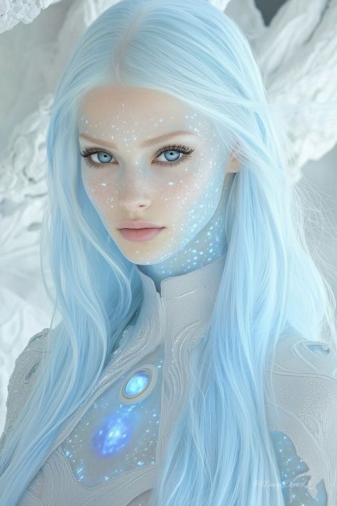 Beautiful Alien Female, Alien Princess, Dark River, Viking Warrior Woman, Crystal Mermaid, Blue Alien, White Blonde Hair, Color Celeste, Animal Portraits Art