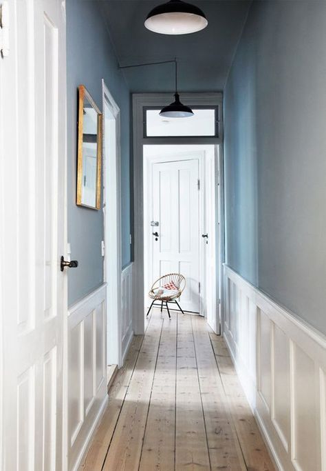 Blue Hallway, Hallway Paint, Hall Ideas, Hallway Inspiration, Upstairs Hallway, Hallway Designs, Hallway Design, Pantone Colors, Small Hallways