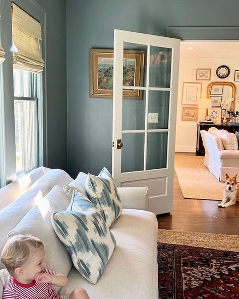 Renee Bouchon on Instagram: "So many questions over the weekend ab what paint color this was so thought it warranted a post…Van Courtland Blue by @benjaminmoore 💙" Dusty Blue Sherwin Williams, Bm Van Courtland Blue, Blue Grey Bedroom, Van Courtland Blue, Birmingham House, Easy Home Renovations, Blue Home Offices, Dining Room Built In, Blue Gray Bedroom