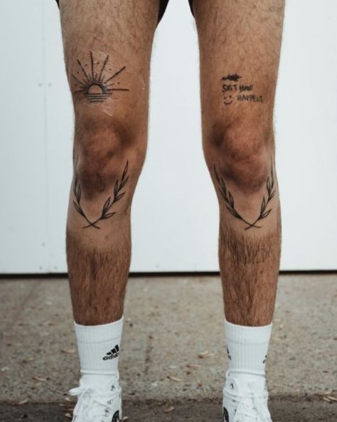 Knees Tattoo For Men, Wreath Leg Tattoo, Under The Knee Tattoo Men, Wreath Around Knee Tattoo, Guy Tattoos Leg, Man Leg Tattoo Ideas, Below Knee Tattoo Men, Laurel Wreath Knee Tattoo, Man Knee Tattoo