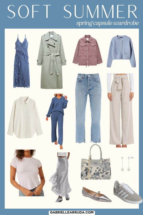 Get inspired by these spring 2024 capsule wardrobe tailored to each of the 12 seasonal color analysis palettes. Including spring capsule wardrobes and outfit ideas for Dark Autumn, True Autumn, Soft Autumn, Soft Summer, True Summer, Light Summer, Light Spring, True Spring, Bright Spring, Bright Winter, True Winter, and Dark Winter. Including the seasonal color palette examples and shopping pieces. spring capsule wardrobe | spring fashion | spring outfits | seasonal color palettes Soft Summer Color Palette Fall Outfits, Fall Outfits For Soft Summer, Soft Summer Season Outfits, Soft Summer Neutrals Color Palettes, Soft Summer Fall Capsule Wardrobe, Soft Summer Athleisure, Soft Summer Minimalist Wardrobe, Soft Summer Wardrobe Palette, Summer Pallette Outfits