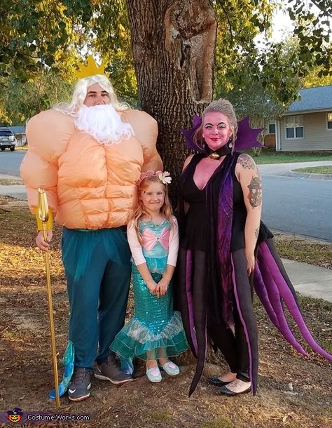 Kaila: Our daughter wanted to be a mermaid and we love Disney so it was only fitting to be King Triton and Ursula. Triton And Ursula, Mermaid Family Costume, Little Mermaid Family Costume, Triton Costume, King Triton Costume, Halloween Costumes For Big Kids, King Triton, Mermaid Halloween Costumes, Mermaid Costumes