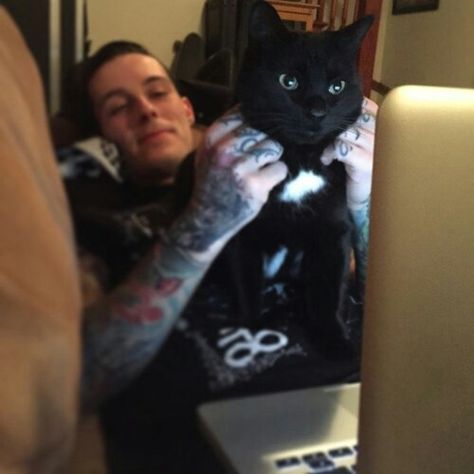 Aww hes so cute! Oh look theres a cat there too Ryan Sitkowski, Chris Motionless, Motionless In White, Cute Anime Character, A Cat, So Cute, Feelings, History, Instagram Posts