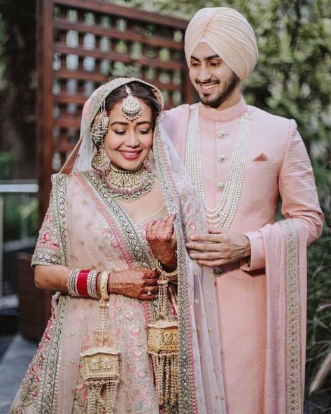 Neha Kakkar Wedding, Sabyasachi Wedding Lehenga, Neha Kakkar Dresses, Rohanpreet Singh, Bride Groom Poses, Indian Idol, Marriage Photos, Indian Wedding Couple, Neha Kakkar