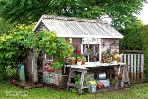 Build Potting Bench, Rustic Shed, Salford City, Whimsical Cottage, Outside Decor, Funky Junk Interiors, Storage Shed Plans, Dirty Girl, Fantasy Decor